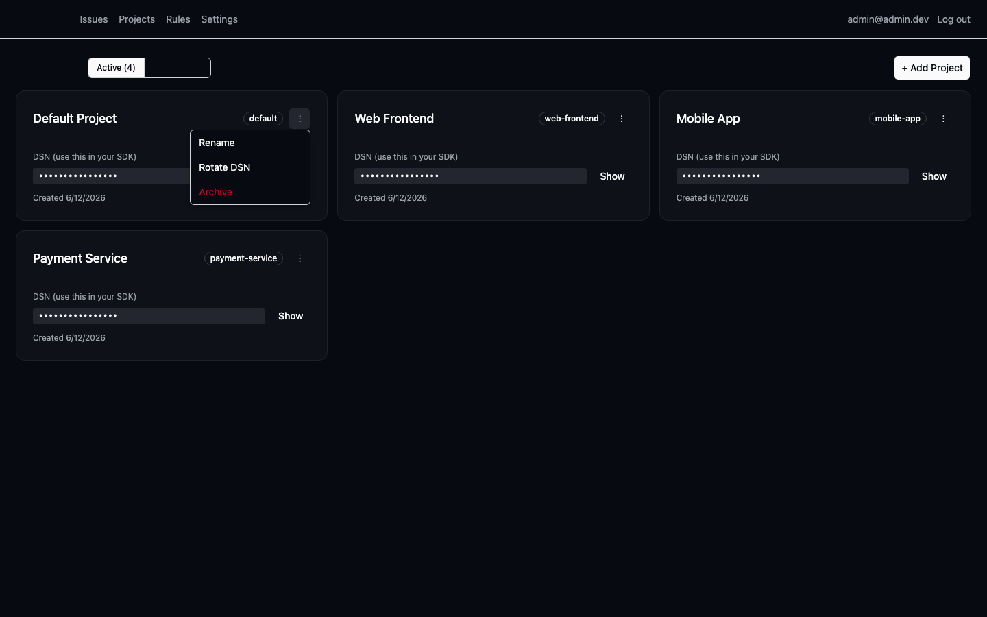 Project actions menu